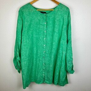 Tahari 100% Linen Green Button Down Top Size 3X Pastel Coastal Preppy Beach